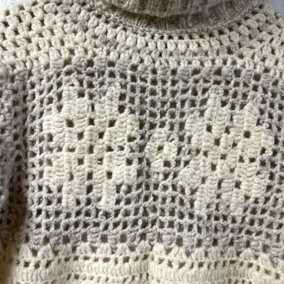 Express Crochet Snowflake Sweater Ivory And Tan Large Handknit Turtleneck - Picture 4 of 10